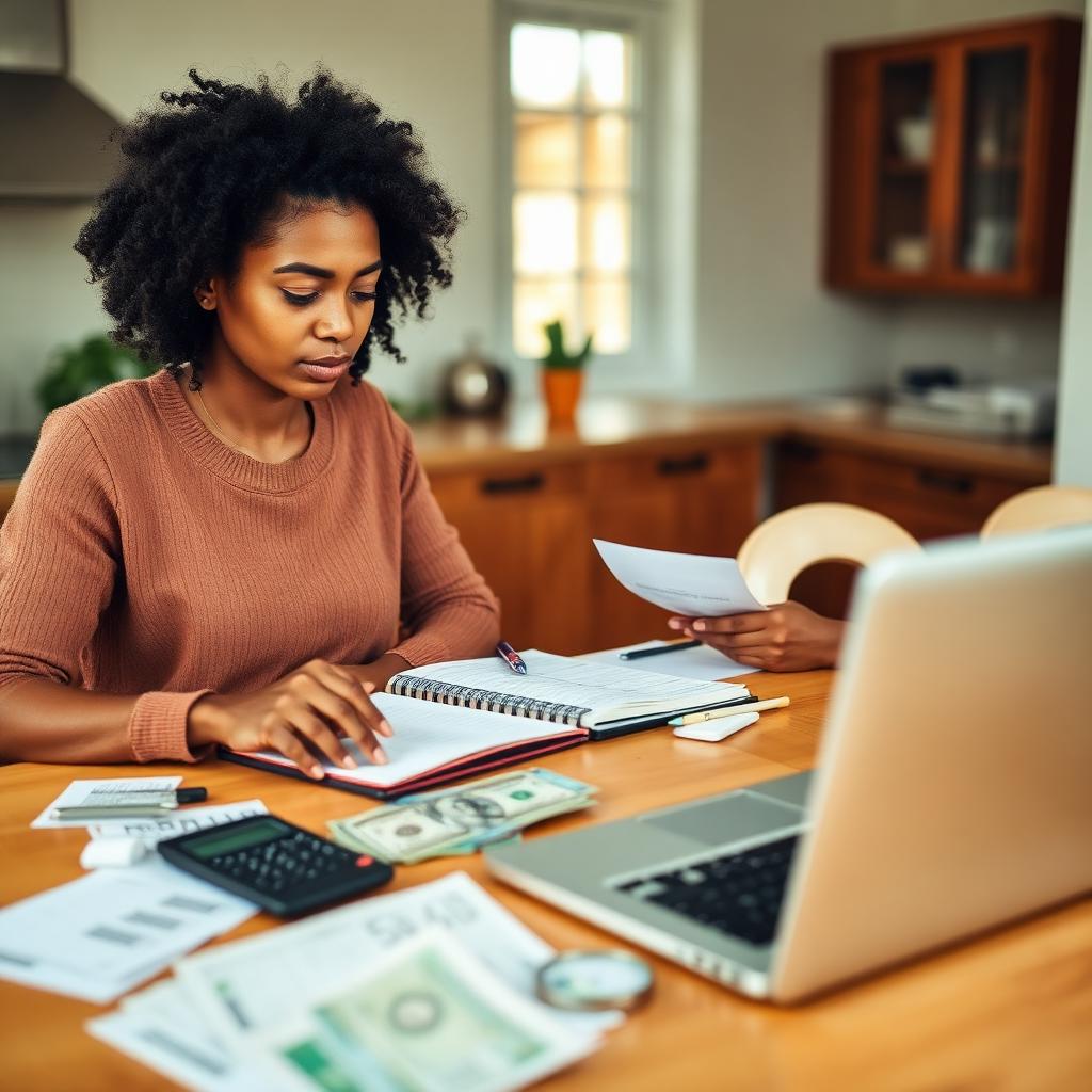 A woman reviewing her household budget at the kitchen table with a notebook, calculator, and laptop.
